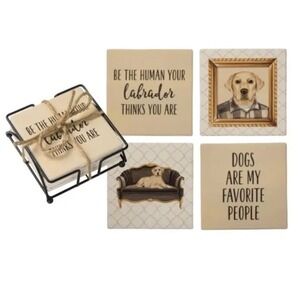 Primitives By Kathy Stone Coasters Yellow Labrador Set With Metal Tray NWT